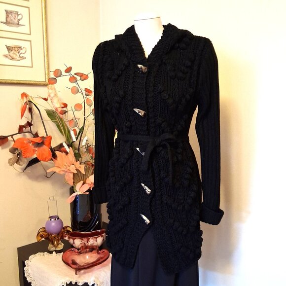 NWT Woman's Black Hooded Cardigan Coat Knit Lightweight Warm & Elegant Outerwear - Picture 3 of 10